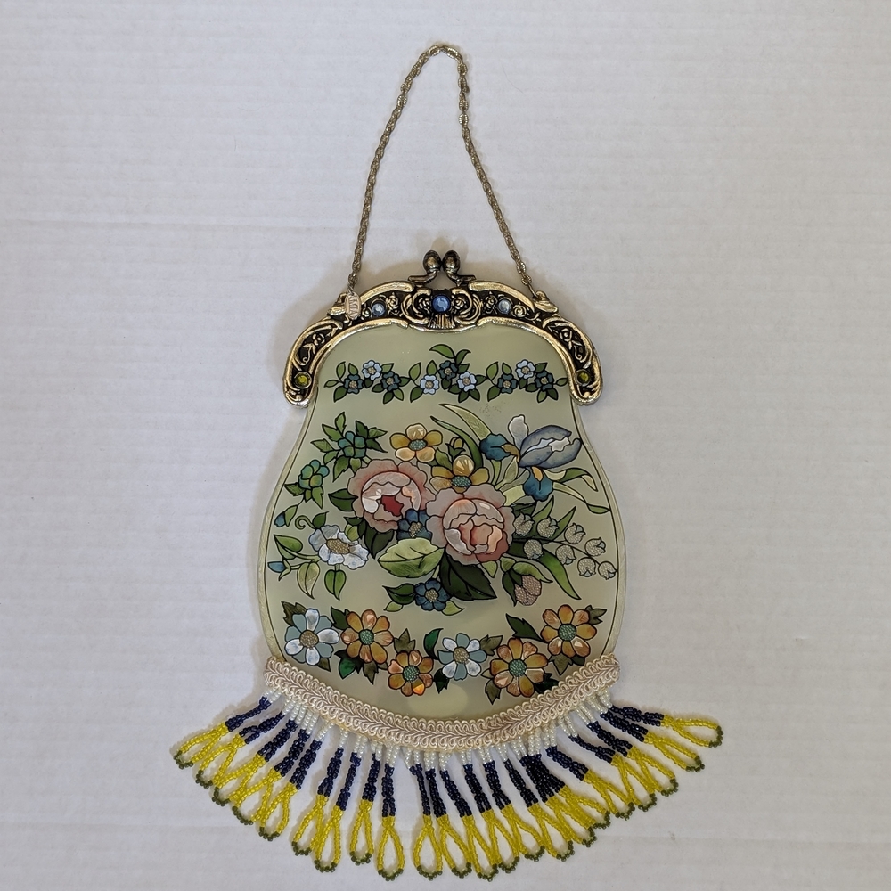 Amia Studios Suncatcher Hand painted Stained Glass Purse Beaded Floral Denver co